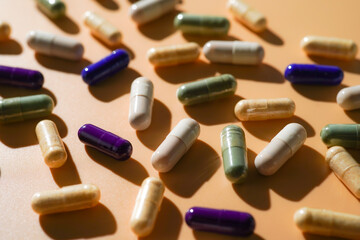 Mix of medicine capsules pills, supplements vitamins, Assorted pharmaceutical medicine capsules