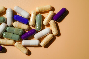 Mix of medicine capsules pills, supplements vitamins, Assorted pharmaceutical medicine capsules