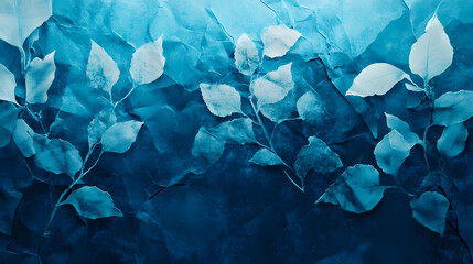 Abstract herbarium flowers with luxury cyanotype stone, torn paper glow, abstract pattern, foliage crumpled paper. Cyanotype. Illustration