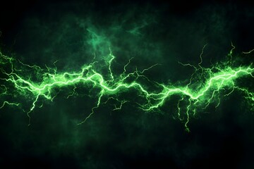 Green electric lightning is striking in dark sky background, creating a powerful and dramatic atmosphere
