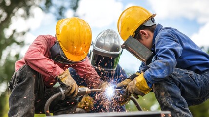 Skilled Workers Welding Large Steel Components in a Metal Fabrication Plant - Heavy Industry and Manufacturing Concept