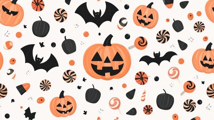Fototapeta premium Playful Halloween Delight - Seamless Pattern of Happy Pumpkins, Bats, and Candy | High Resolution 8K Illustration for Kids' Fun