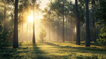 Obraz premium A peaceful forest clearing at sunrise, with soft light diffusing through the mist