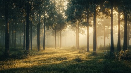 Obraz premium A peaceful forest clearing at sunrise, with soft light filtering through the morning mist