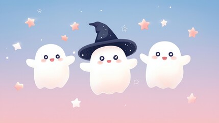 Obraz premium Whimsical Halloween Ghost Characters in Witch Hats Soaring Among Starry Night Sky - High Resolution 8K Illustration for Kids' Pattern Designs