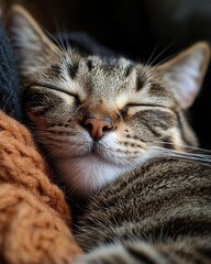 Cute Tabby Cat Sleeping Peacefully on Soft Blanket