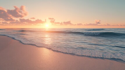 Obraz premium A pristine beach at sunset, the sky ablaze with orange and pink
