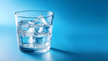 Ice cubes in a glass with crystal clear water on a blue background. Refreshing and healthy water on hot days
