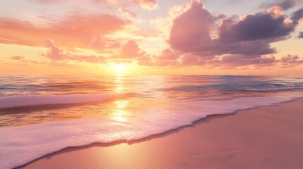 Fototapeta premium A quiet beach at golden hour, the sky glowing with warm orange and pink hues