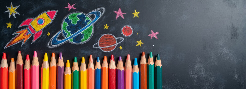 Back to school banner with row of colored pencils, colorful drawings of rocket, planets, stars, universe and outer space on black or dark grey chalkboard background with copyspace.