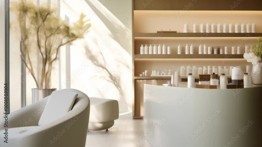 Poster sunlight streams through a window, illuminating a modern spa reception desk with beauty products, cr