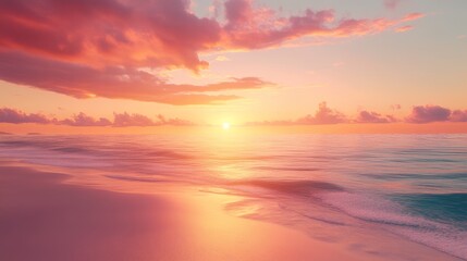 Fototapeta premium A quiet beach at sunset, the sky glowing with orange and purple
