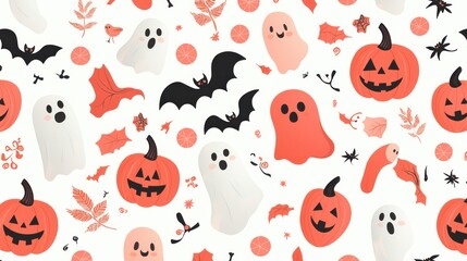 Fototapeta premium Spooky Fun - Seamless Halloween Pattern with Cute Ghosts and Jack-O'-Lanterns for Kids in High Resolution 8K Background