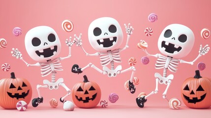 Fototapeta premium Spooky Halloween Fun: Playful Skeletons and Witches Dancing with Pumpkins and Candy in Seamless 8K Resolution for Kids