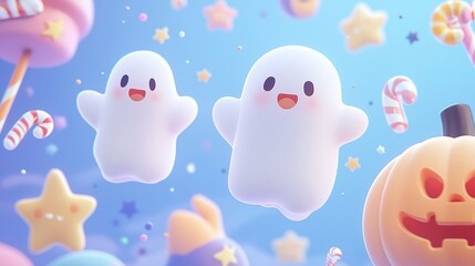 Playful Halloween Night: Friendly Ghosts and Pumpkins Soaring Among Stars and Candy Delights in 8K Resolution