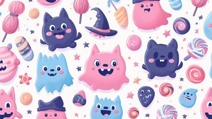 Fototapeta premium Whimsical Halloween Pattern with Smiling Monsters, Candy, and Witches' Brooms | Playful Seamless Design for Kids in High Resolution 8K