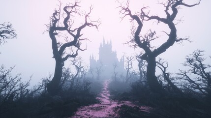 Enchanted Forest: Twisted Trees and Haunted Castle in Eerie Fog - Halloween Dark Fantasy Background
