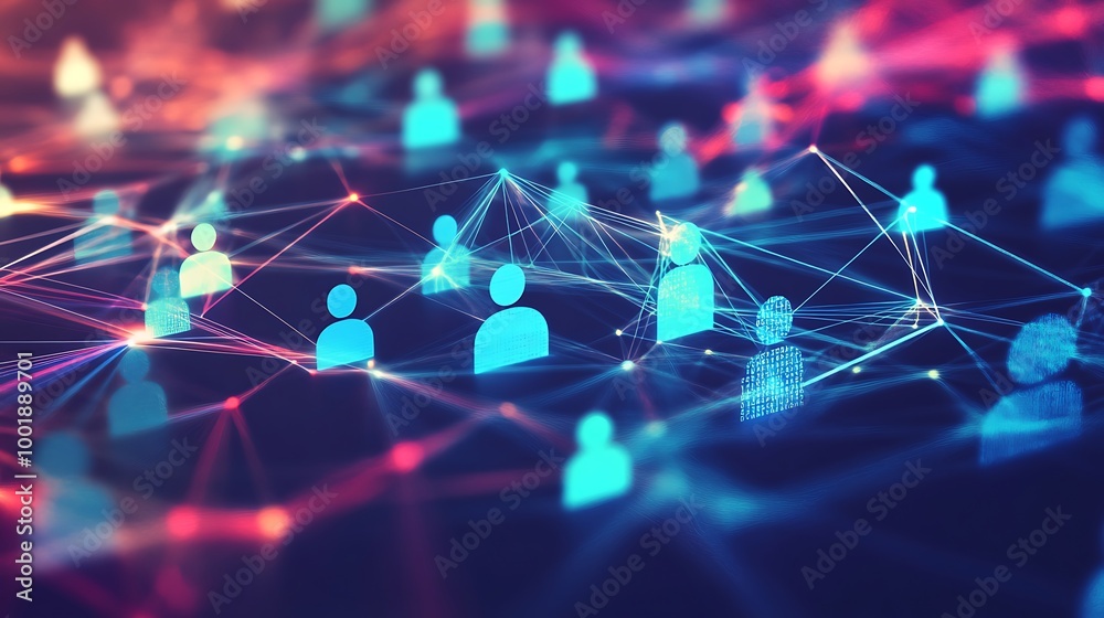Poster Abstract network of connected people icons with glowing lines.