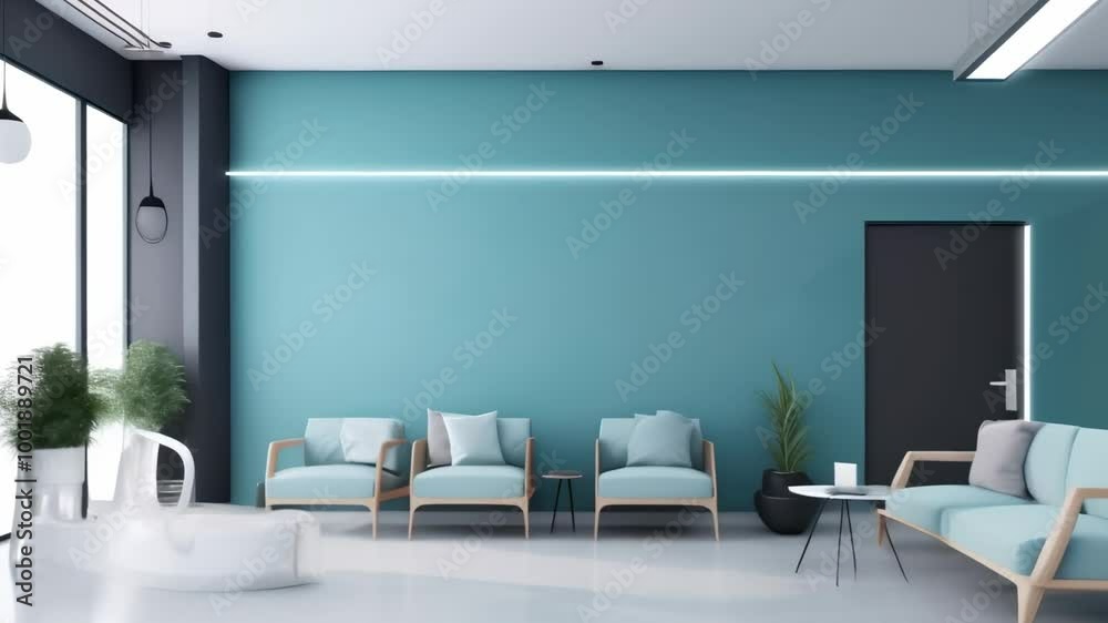 Poster modern and stylish office waiting room with blue sofas and armchairs, creating a welcoming and profe