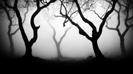 Mystical Halloween Forest with Eerie Fog and Crooked Trees for Background Ambiance