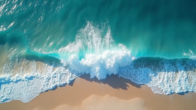 Top view on sea wave with white foam and light beige sand, widescreen 16:9, 300 dpi, with free space for text