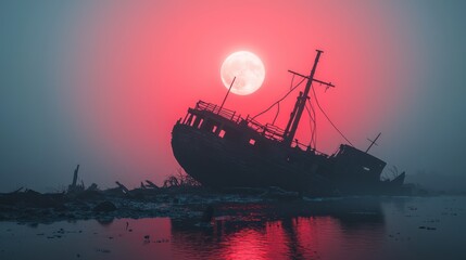 Haunting Abandoned Shipwreck on Misty Shore under Blood Moon - Perfect for Halloween Scenes