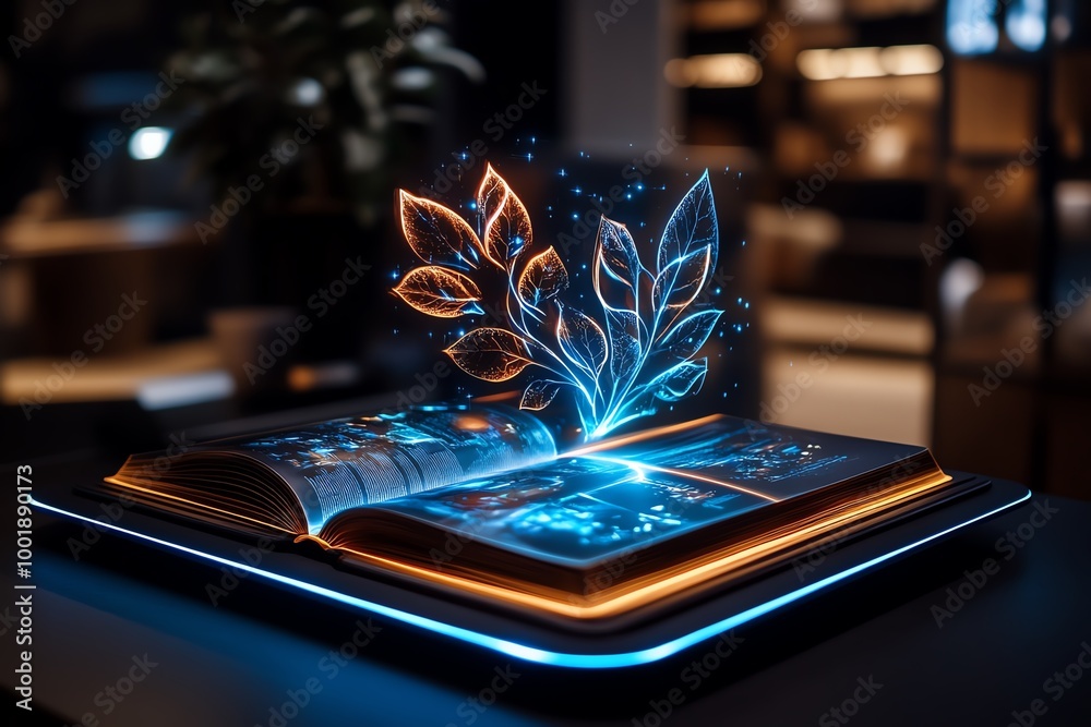 Poster interactive 3d book where digital pages turn with holographic effects in a modern digital environmen