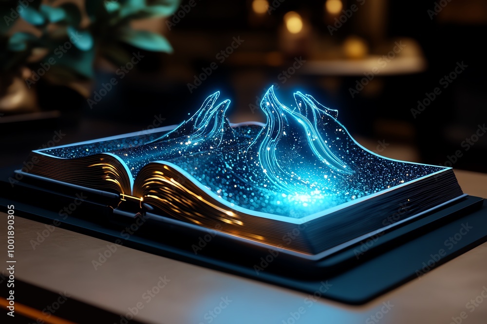Poster interactive 3d book where digital pages turn with holographic effects in a modern digital environmen