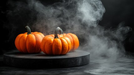 Round podium with pumpkins shrouded in swirling mystical smoke, set against a pitch-black background, glowing gently for Halloween charm