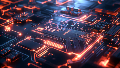 Obraz premium A close-up of a futuristic circuit board with glowing lines and components, evoking high-tech and digital precision