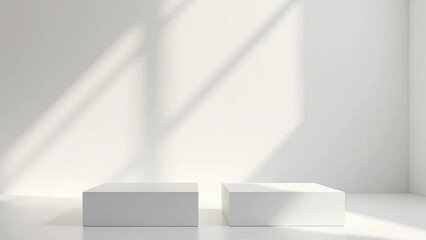 Fototapeta premium White square podiums in sunlight with shadow in white space, widescreen 16:9, 300 dpi, with free space for text