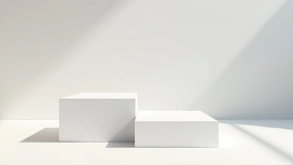 White square podiums in sunlight with shadow in white space, widescreen 16:9, 300 dpi, with free space for text