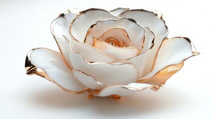 Single white gold rose, soft metallic petals with glossy highlights, isolated on white background, minimal shadow for depth, premium product design