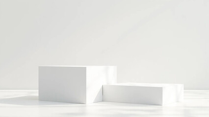 White square podiums in sunlight with shadow in white space, widescreen 16:9, 300 dpi, with free space for text