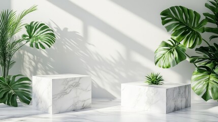 Square and rectangular white marble podiums, accented with fresh green monstera leaves, arranged in a modern composition on a clean white backdrop