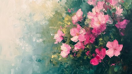 Soft pink petals in an abstract floral arrangement, blending with rich green foliage, painted in expressive oil strokes, evoking the essence of summer