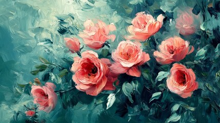 Soft pink petals in an abstract floral arrangement, blending with rich green foliage, painted in expressive oil strokes, evoking the essence of summer