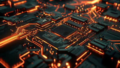 Obraz premium A close-up of a futuristic circuit board with glowing lines and components, evoking high-tech and digital precision