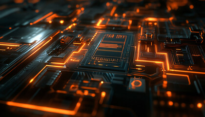 Obraz premium A close-up of a futuristic circuit board with glowing lines and components, evoking high-tech and digital precision