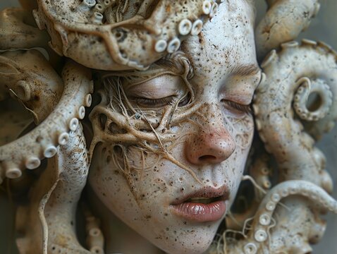 Surreal Woman Transformed by Octopus Tentacles: A Digital Art Masterpiece - Powered by Adobe