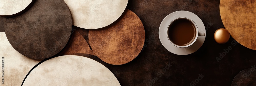Poster abstract composition featuring geometric shapes filled with rich coffee textures and a cup of coffee