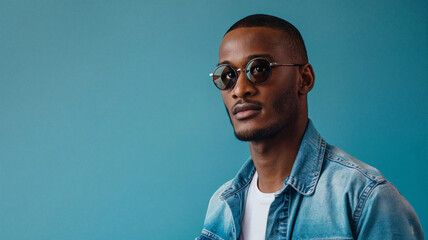 Fototapeta premium Young man wearing round sunglasses and a denim jacket against a blue background