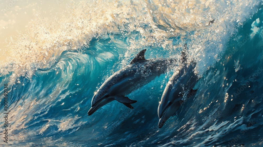 Wall mural a close-up of a wave with dolphins visible beneath the surface, their shapes adding a sense of life 