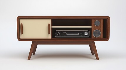 Obraz premium A retro wooden stereo cabinet, complete with speakers and a receiver, perfect for nostalgic audiophiles.