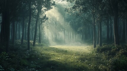 Obraz premium A dense forest at dawn, covered in mist