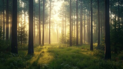 Obraz premium A dense forest at dawn, with a light mist hanging in the air and faint sunlight peeking through the trees