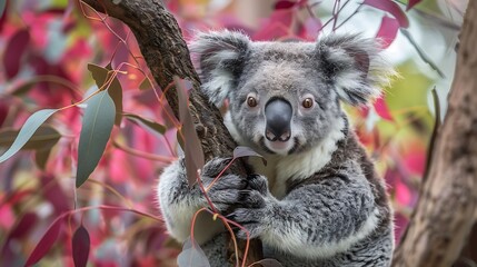 Obraz premium A charming koala with a red and purple eucalyptus tree