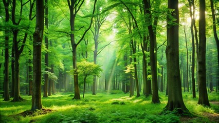 Obraz premium A serene forest scene with dappled sunlight filtering through a canopy of lush green leaves, casting a mystical glow on the mossy forest floor.