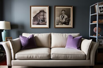 Beige Loveseat with Lavender Cushions in Cozy Apartment Living Room Featuring Vintage Art on Grey Walls
