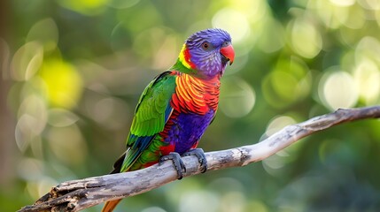 A colorful parrot with red and purple feathers sitting on a branch